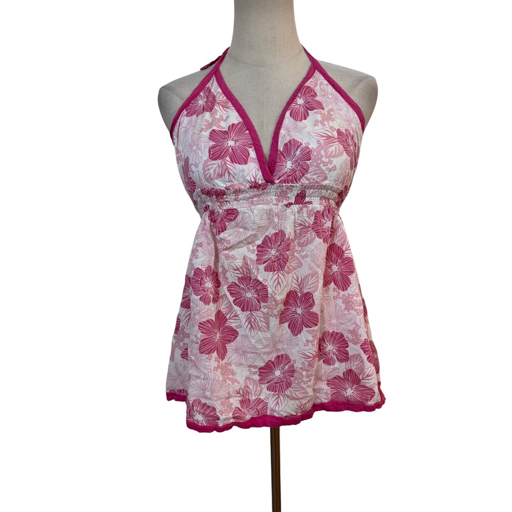 Vtg Y2K Pink Floral Halter Babydoll Top Cotton Empire Waist L Coquette Summer